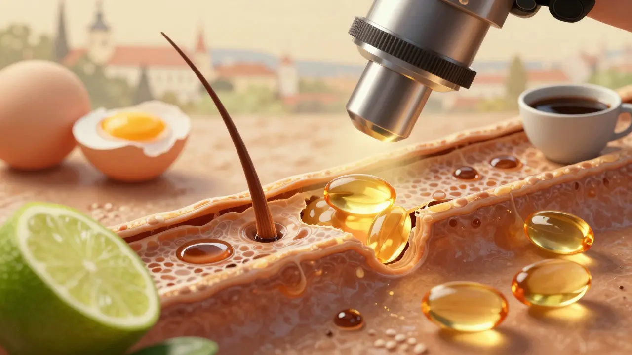 Mikroskopický pohled na oslabený vlasový měchýřek s doplňky výživy: vajíčka, kofein a omega-3.