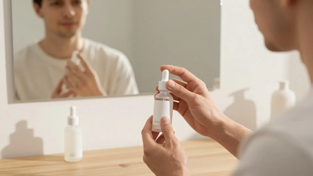 Muž aplikuje sérum s kyselinou hyaluronovou na čistou pokožku, zrcadlo ukazuje jeho obličej.