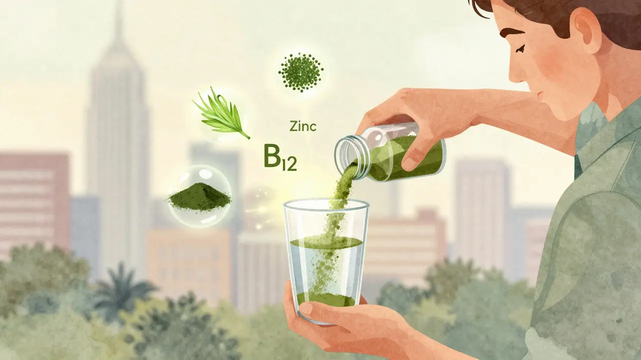 Muž připravuje práškový multivitamín s přírodními složkami ve sklenici.