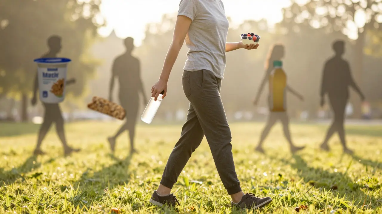 Osoba kráčí skrz park s vodou a jogurtem, zatímco za ní mizí obaly nezdravých potravin.