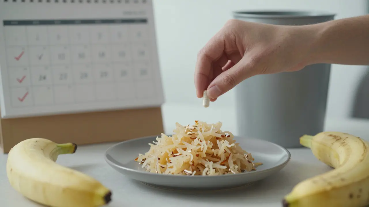 Osoba odmítá probiotickou kapličku a místo toho jí kvasené zelí s oveskou a banánem.