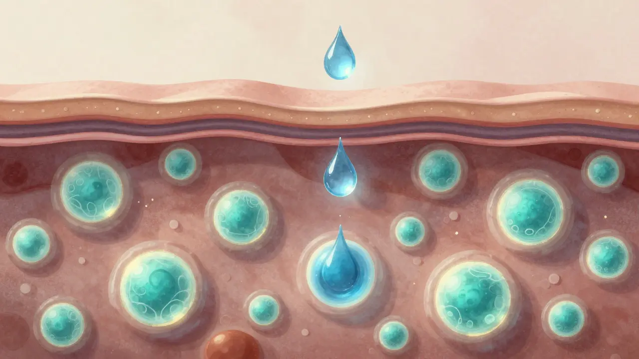 Příčný řez kůže s molekulami kyseliny hyaluronové vázajícími vodu v kůžních vrstvách.