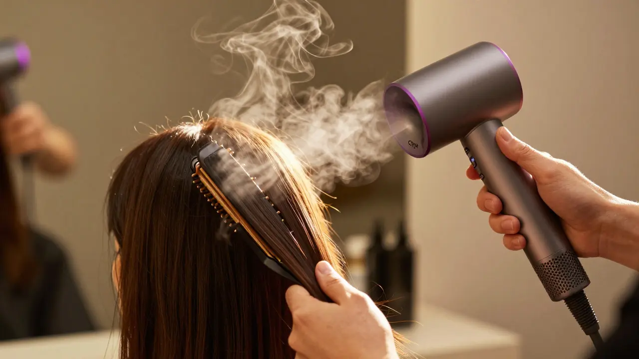 Profesionální sušička Dyson a žehlička CHI při úpravě vlasů.