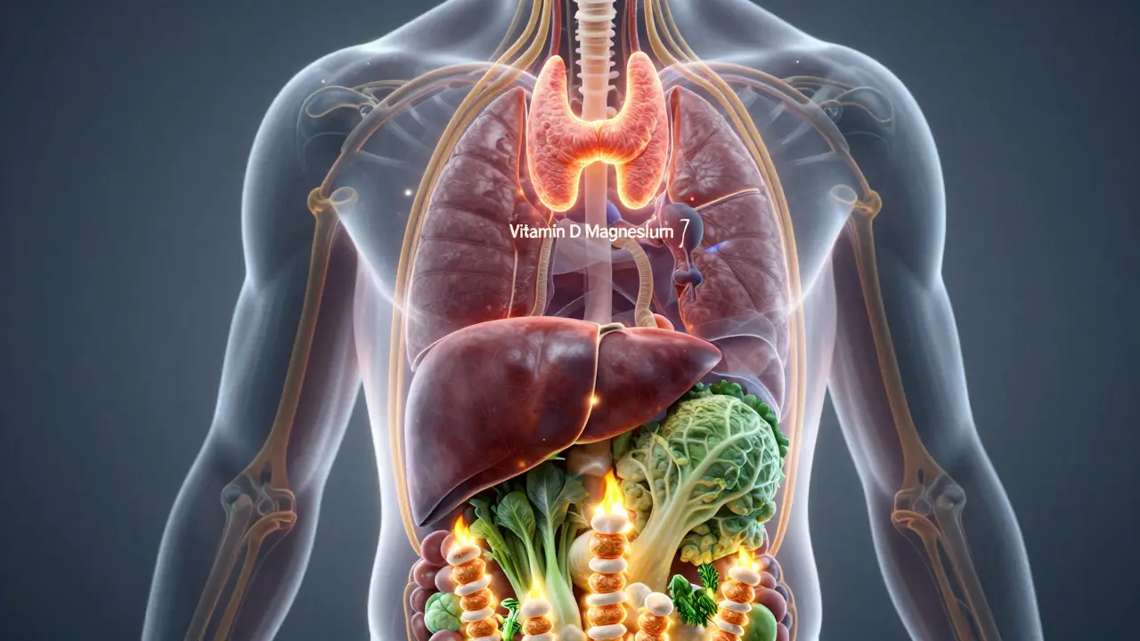 Průhledný lidský organismus s osvětlenými orgány, které ukazují, jak vitamíny podporují metabolismus.