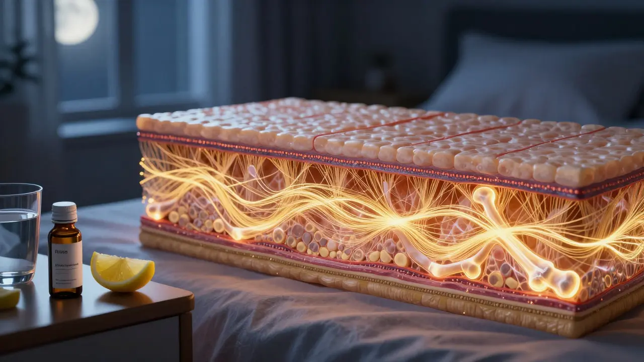 Regenerace kůže a kloubů během spánku s viditelnými zlatými kolagenovými vlákny.