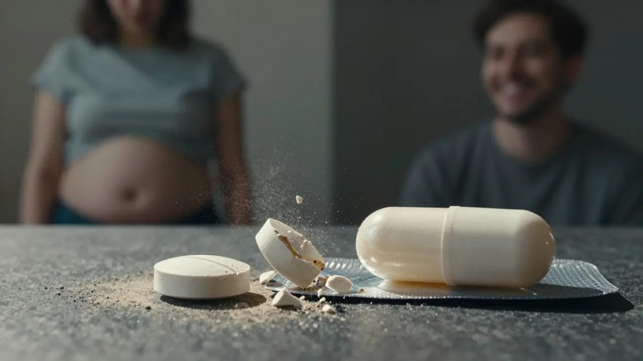 Rozpadající se probiotikum na slunci proti celistvému kapsli v chladu, symbolizující důležitost správného skladování.