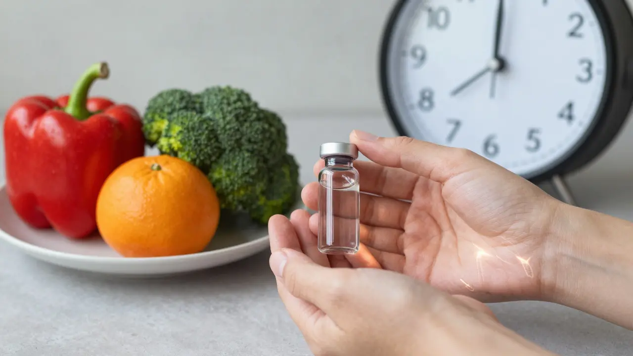 Ruce drží doplněk kolagenu vedle čerstvých zelenin, symbolizující výživu a obnovu kloubů.