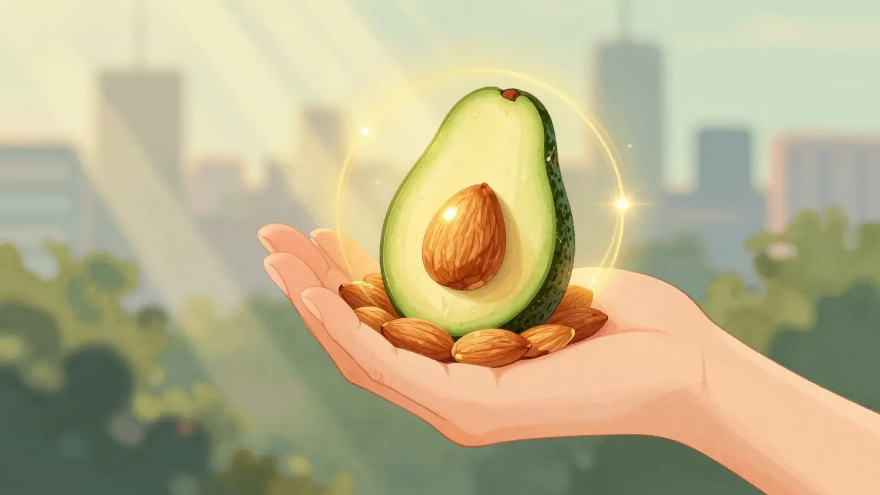 Ruka drží mandlí a avokádo s zlatým zářivým povlakem symbolizujícím ochranu pleti.