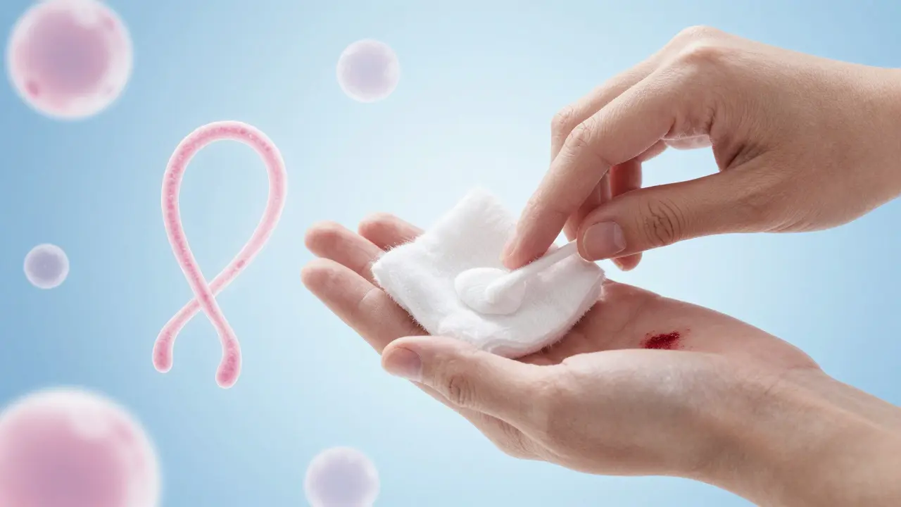 Ruka s krevní skvrnou čištěná vatovým tamponem s peroxidem.