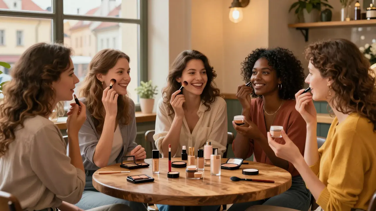 Skupina žen v českém kavárně zkouší kosmetiku Mary Kay.