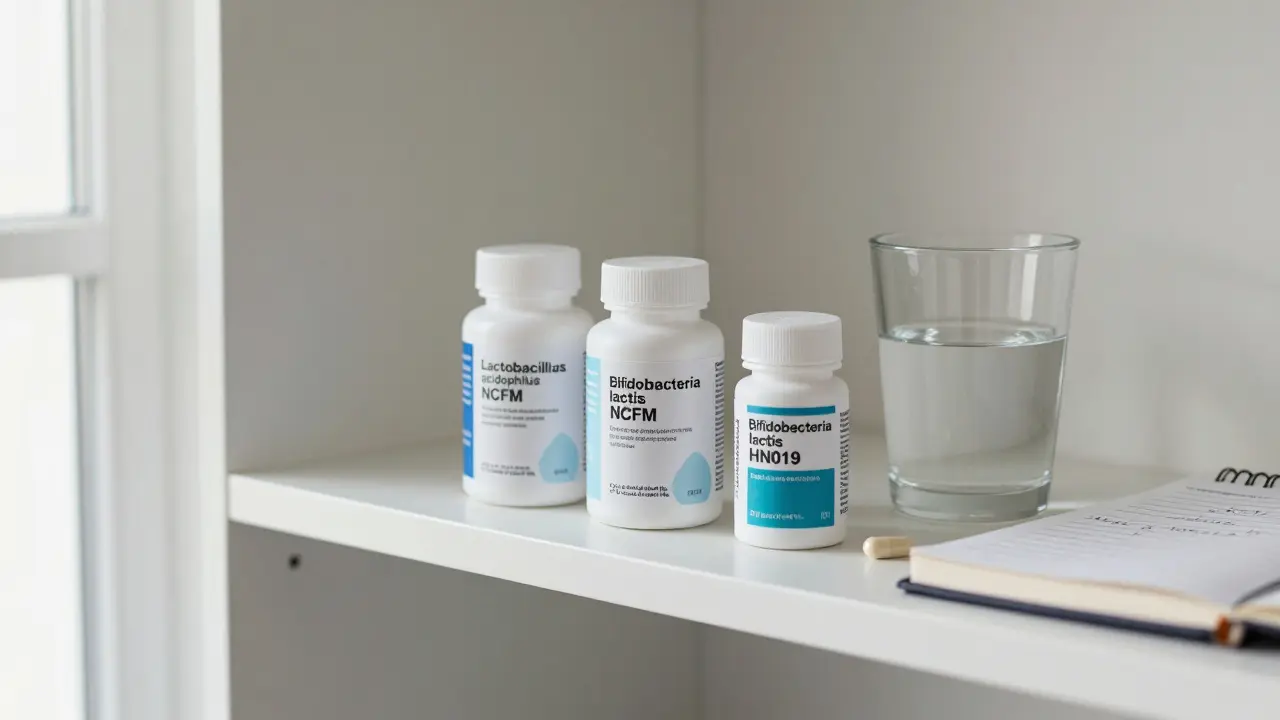 Tři kvalitní probiotika v lékárně s vyznačenými kmeny a daty spotřeby, stojící vedle sklenice vody.
