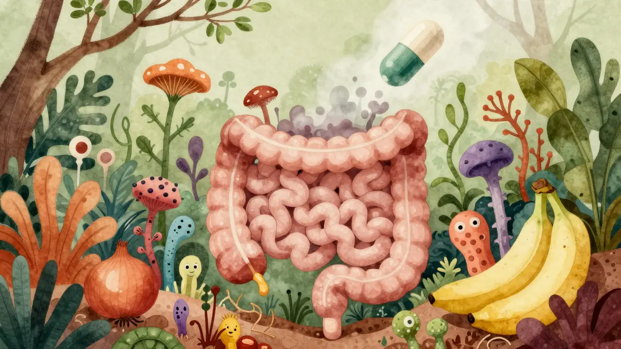 Vizualizace zdravého střeva jako zahrady s mikroorganismy a prebiotickými rostlinami.