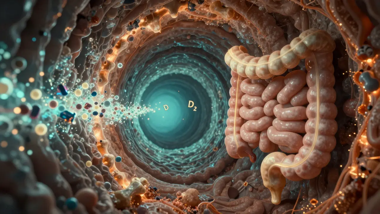Vnitřní trubice s látkami, kde železo blokuje vápník, zatímco vitamín D a K2 spolu svítí a podporují kosti.