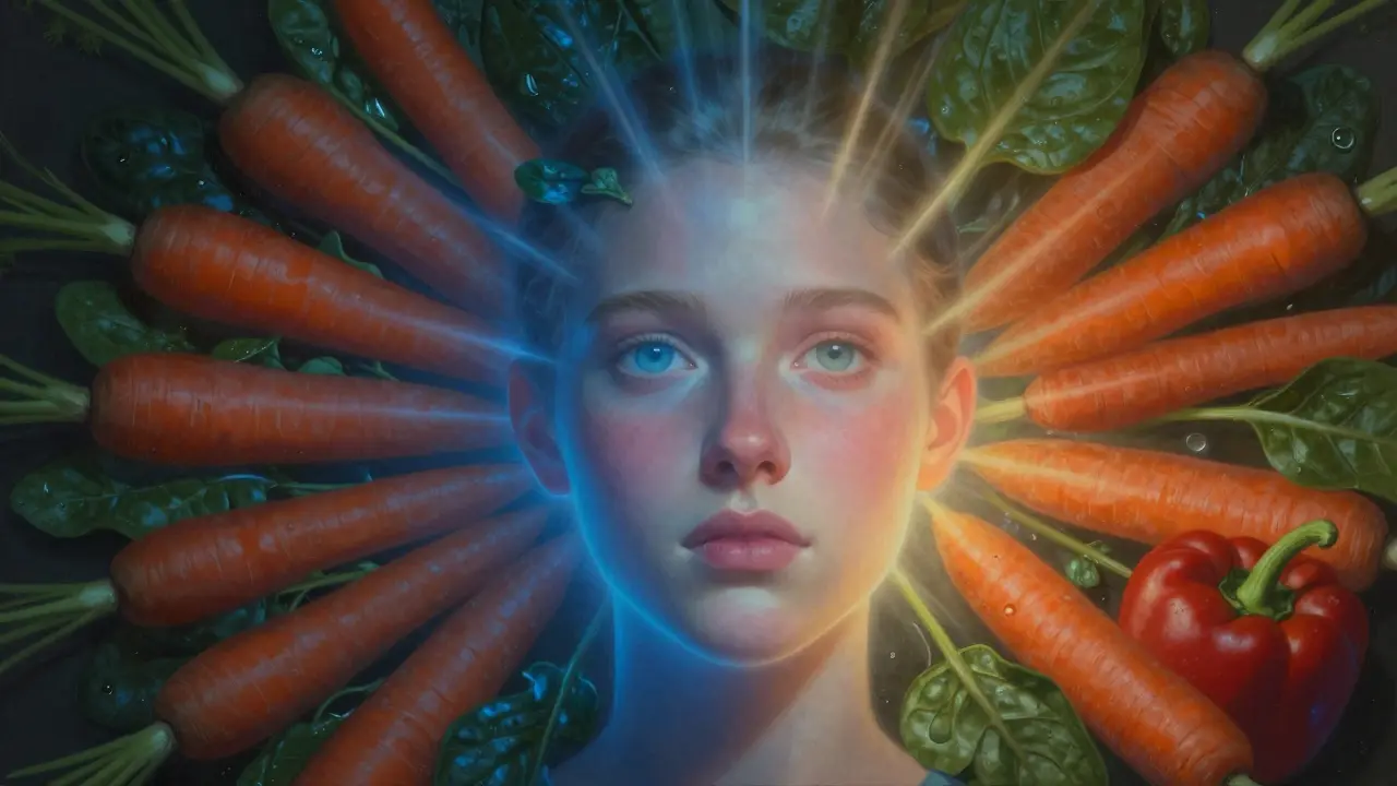 Zářící obličej vycházející z mrkve, špenátu a papriky, symbolizující obnovu pleti vitamínem A.