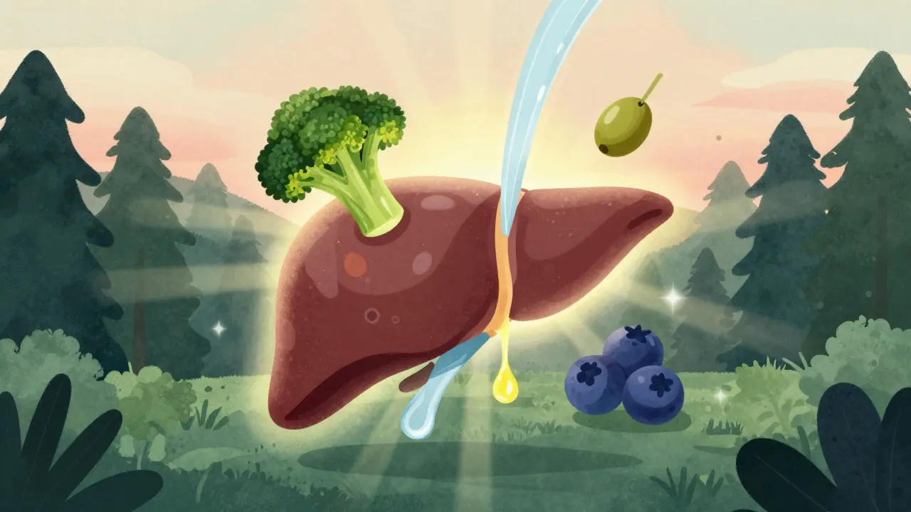 Zdravá játra symbolicky obklopená brokolicí, olivovým olejem a borůvkami.