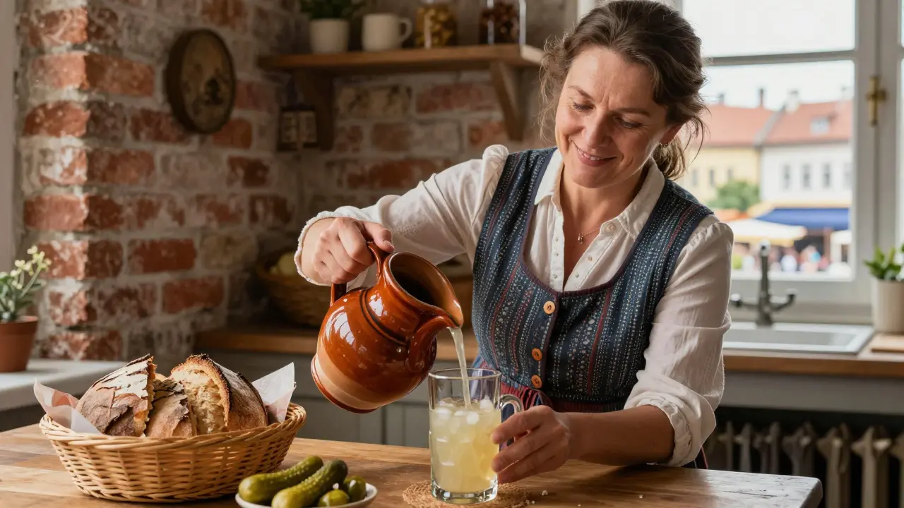 Žena podává domácí kvass v české kuchyni s kvasenými potravinami na stole