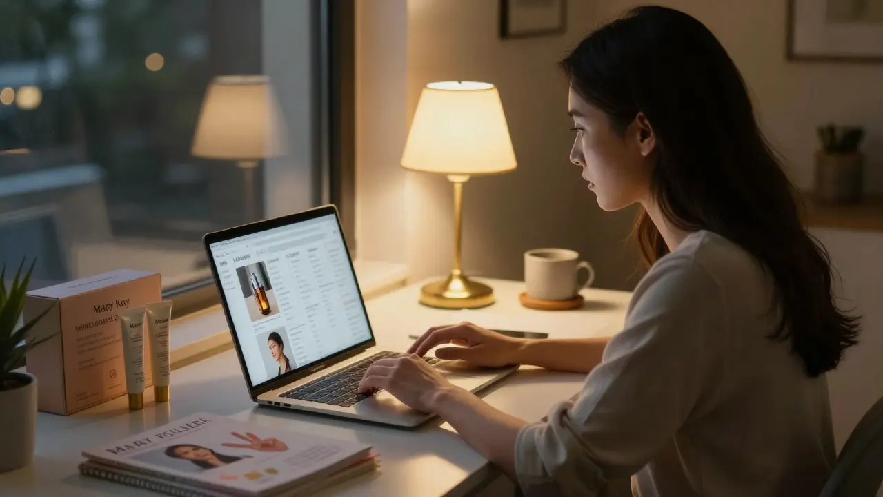 Žena pracuje na domácím stole s produkty Mary Kay a laptopem.