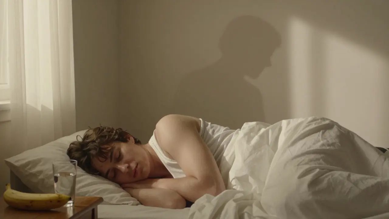 Člověk spí v posteli, na nočním stolku voda a banán — znázorňuje obnovu po opilosti.