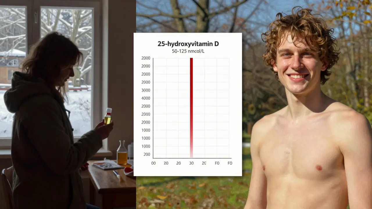 Dvě scény: zimní den s doplňkem a letní den se sluncem, obě s krevním testem vitamínu D.