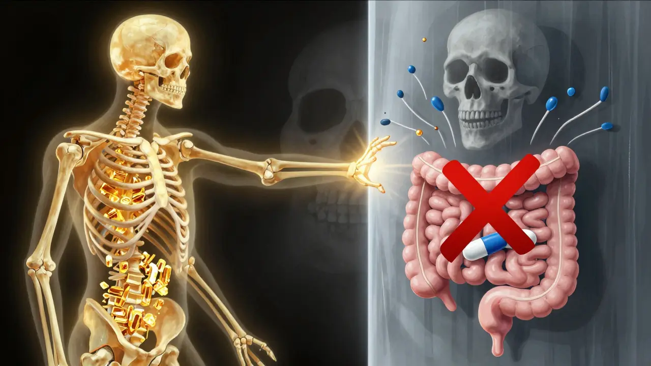 Ilustrace vápníku a magnézia, které soutěží o vstřebávání ve střevech, s červeným křížem nad kombinací.