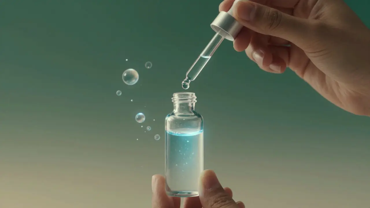Kapky hyaluronové kyseliny se vstřebávají do vody v průhledné lahvičce.