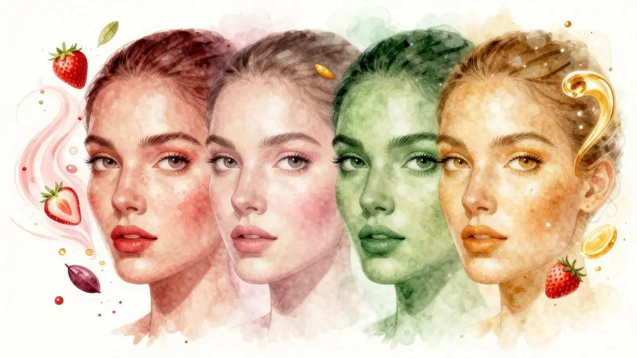 Konceptuální ilustrace čtyř typů pleti s odpovídajícími přírodními oleji a antioxidanty.
