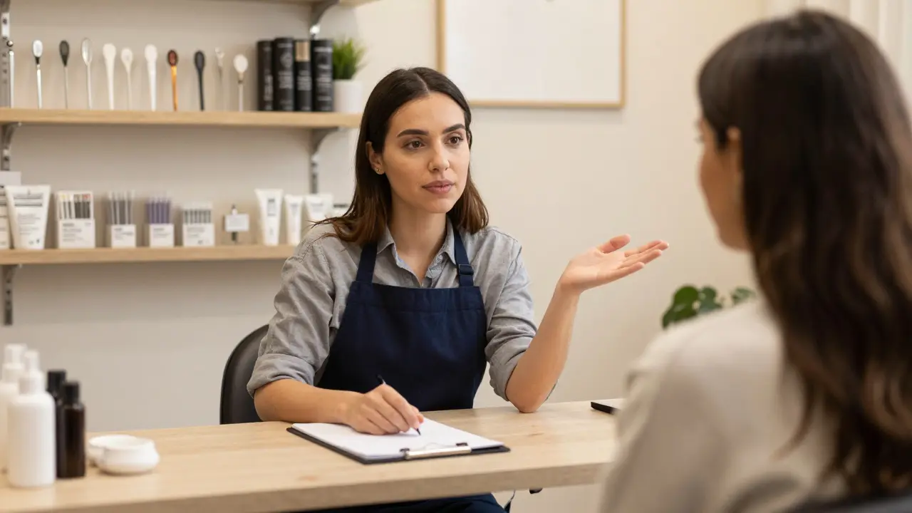 Kosmetička poslouchá klientku v domácí kosmetické místnosti, důraz na hygienu a důvěru.