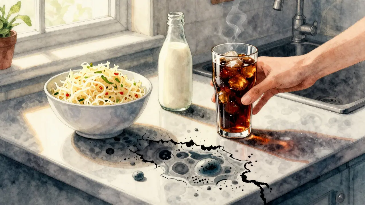 Kuchyňský stolek s kvaseným zelím a kefírem vedle dietní koly, s mikrobiálním krajem pod stolem.