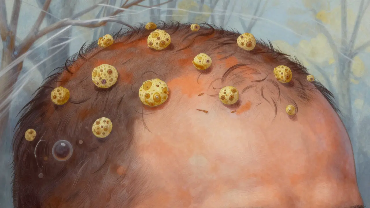 Mikroskopický pohled na kůži hlavy s přebytkem buněk a kvasinkou Malassezia vytvářející šupinky.