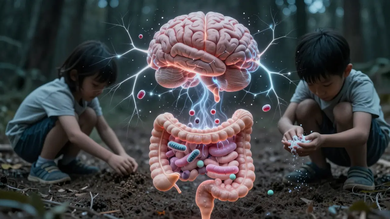 Mozek spojený s útvarem střev, kde kortizol způsobuje zánik laktobacilů, zatímco dítě hraje v hlíně.