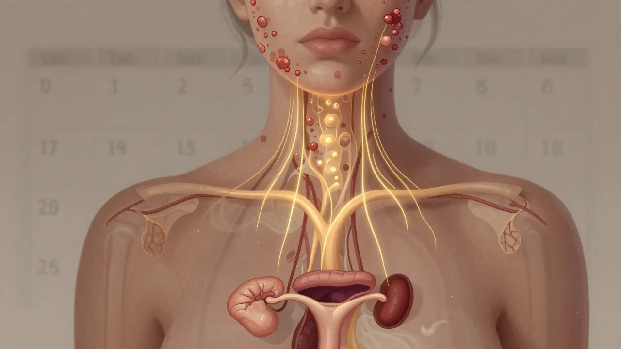 Přehled vnitřních hormonálních cest vedoucích k akné na čelisti a krku.