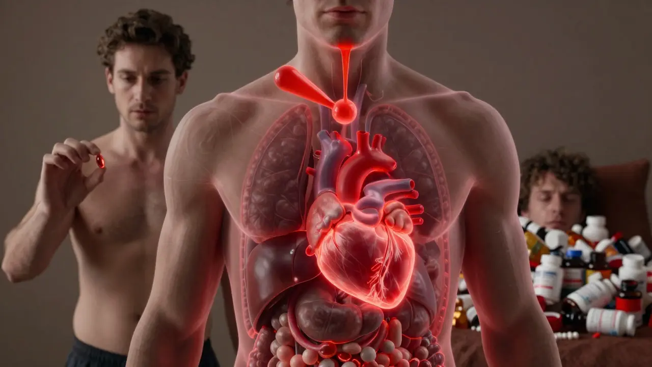 Průřez tělem s přetížením železa v játrech a srdci, způsobeným příjmem vitamínu C.