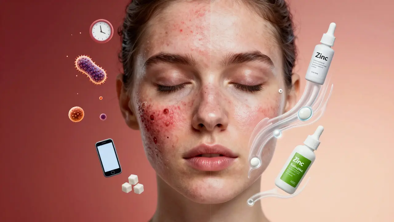 Rozdělená tvář: jedna strana s akne a bakteriemi, druhá s čistou kůží a léčivými látkami tekoucími jako síla