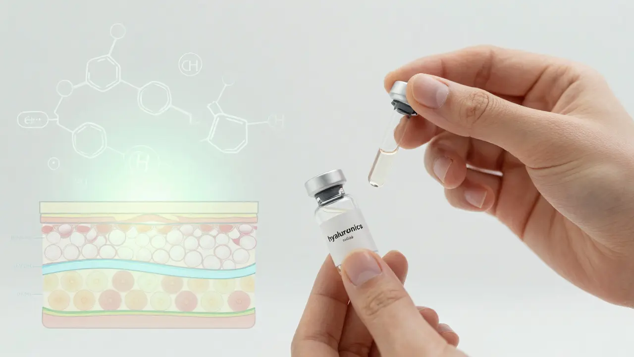 Ruce kosmetičky drží dvě kosmetické látky s vysvětlením jejich účinku na kůži.