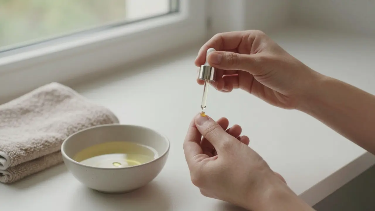 Ruka aplikující olej na koutky nehtů v klidném prostředí.