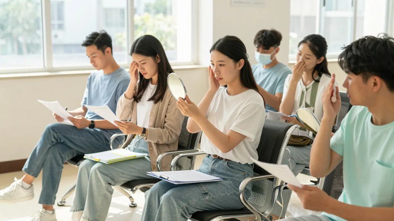 Různí lidé čekají v ordinaci s lékařskými dokumenty a zrcátky pro kontrolu kůže.