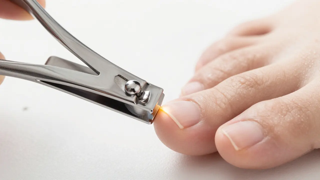 Správný střih nehtů rovně pomocí nůžek pro prevenci problémů.