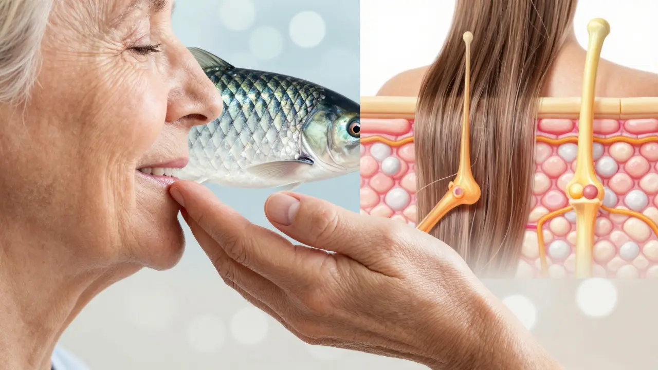 Stará ruka dotýkající se mladého obličeje, zároveň ukazující přeměnu rybích šupin v zdravé tkáně