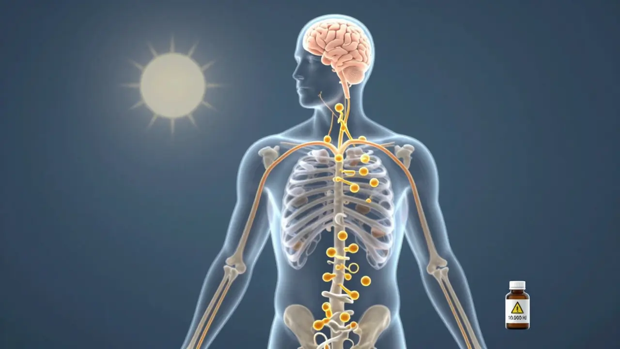 Transparentní lidské tělo s tokem zlatých částic vitamínu D do kostí, mozku a imunitních buněk.