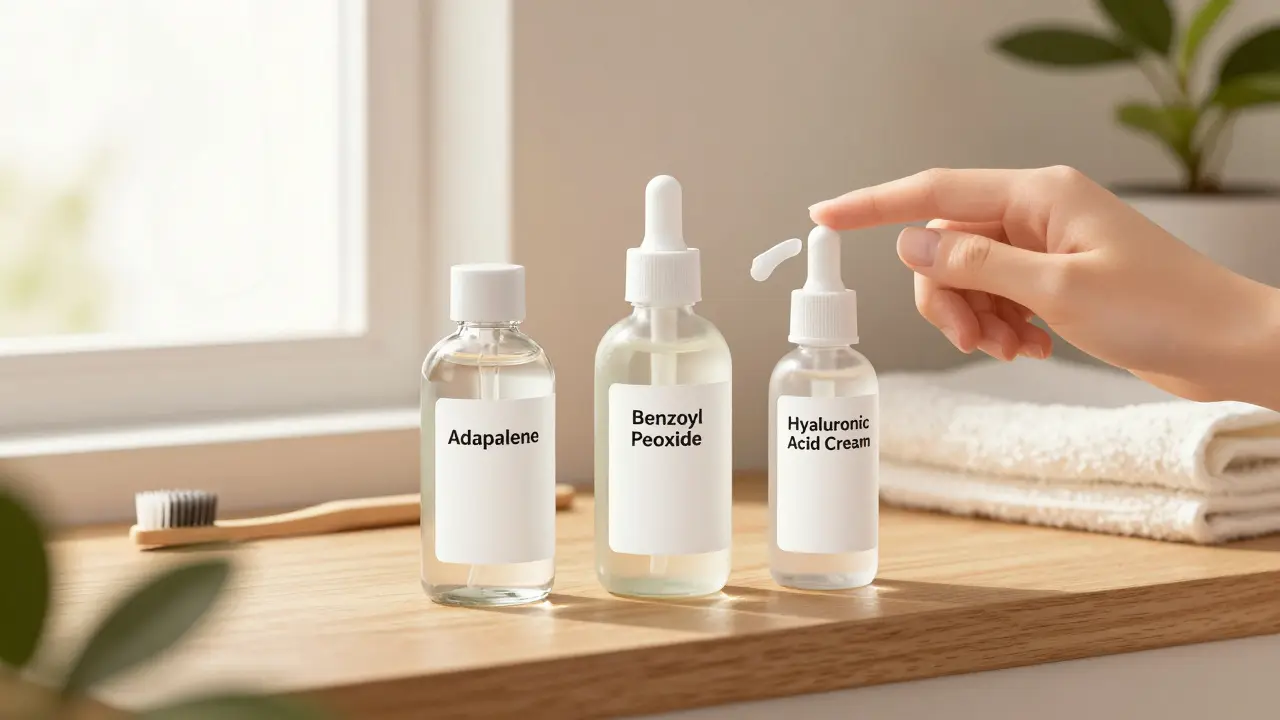 Tři láhve s kosmetickými přípravky pro akné na dřevěné polici s jemným světlem a rostlinou na pozadí