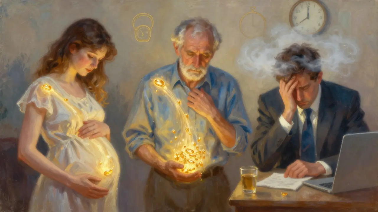 Tři lidé s vitamíny B, kteří bojují s únavou, stresem a věkem, v teplém zlatém světle.