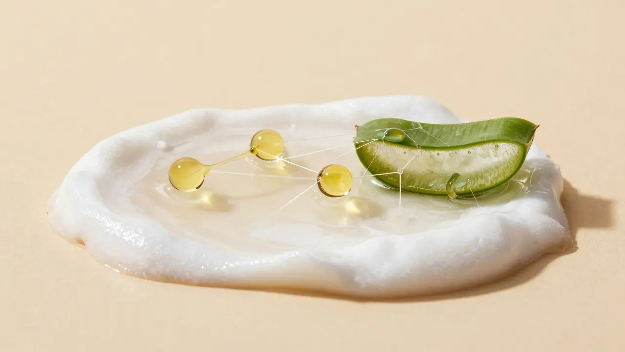 Tři přírodní složky – kukuřičný škrob, aloe vera a jojoba olej – symbolizují hydrataci kůže.