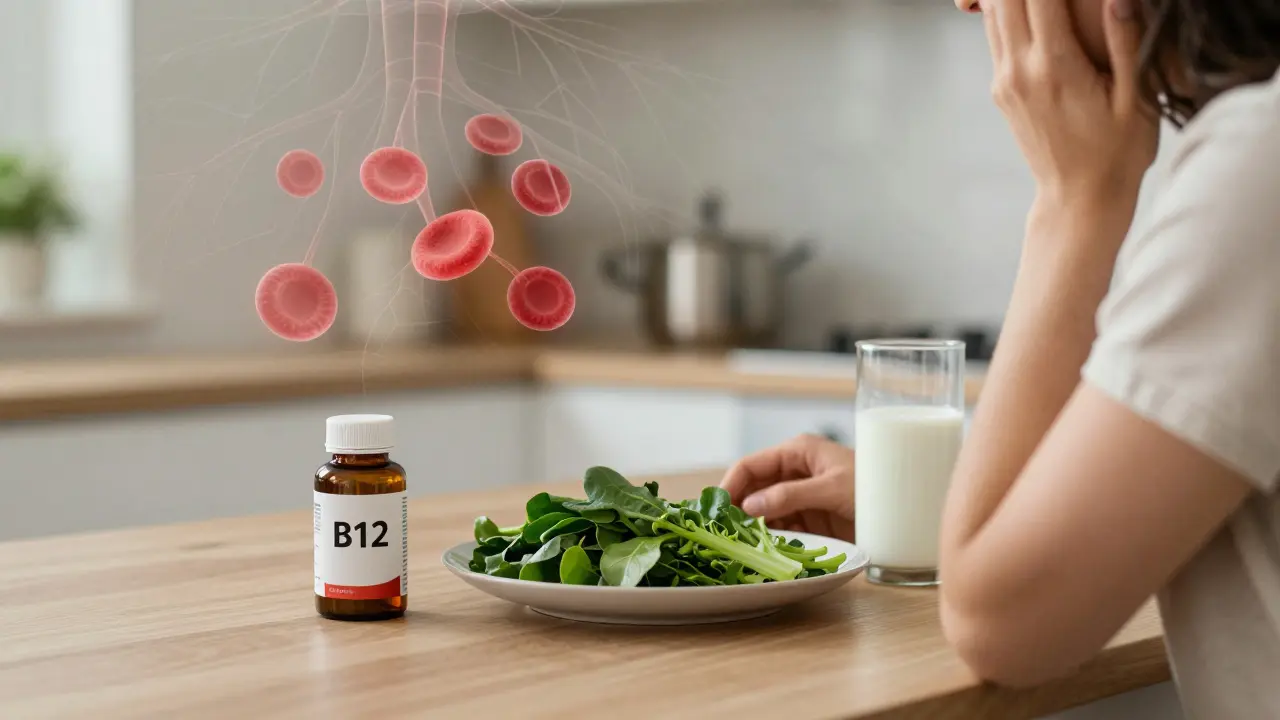 Vegan s doplňkem B12 a rostlinnými potravinami, symbolizující skrytou potřebu vitamínů.