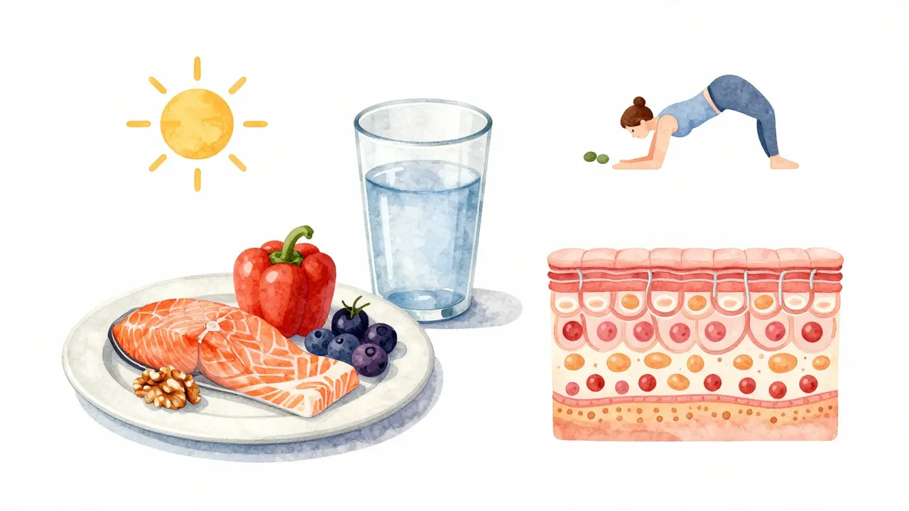 Zdravá strava s lososem, paprikou a oříšky vedle sklenice vody.