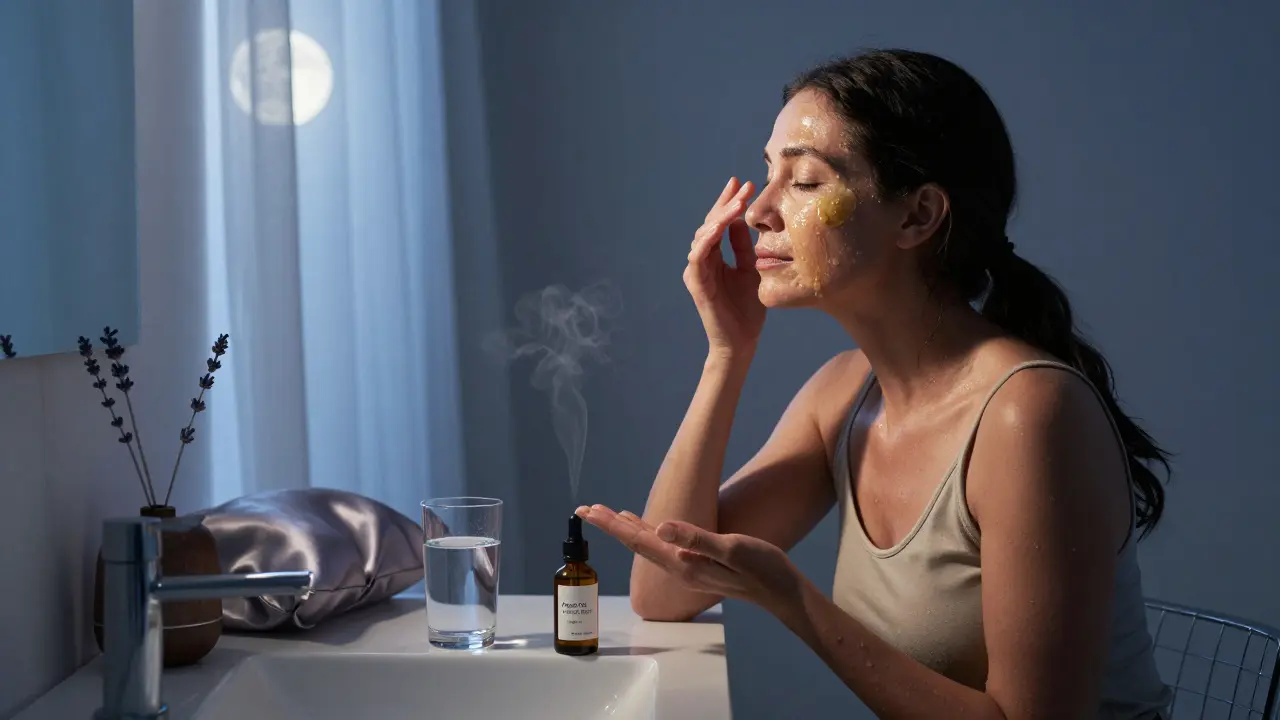 Žena aplikuje arganový olej večer jako noční masku v klidné koupelně při měsíčním světle.