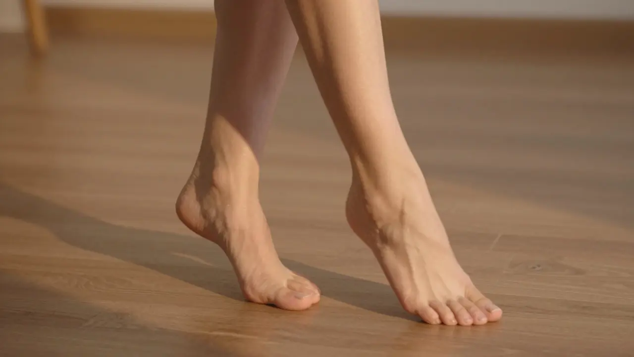 Žena chodí boso po dřevěném podlaze, její nohy vypadají zdravě a přirozeně.