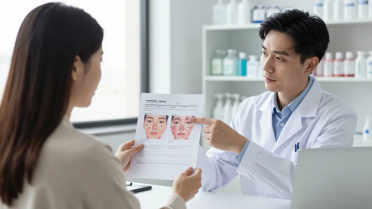 Žena na klinice drží výsledky hormonálních testů s lékařem.