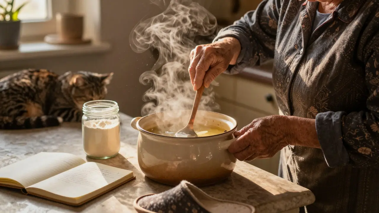 Žena vaří vývar z kostí v kuchyni s kolagenem a zeleninou na stole