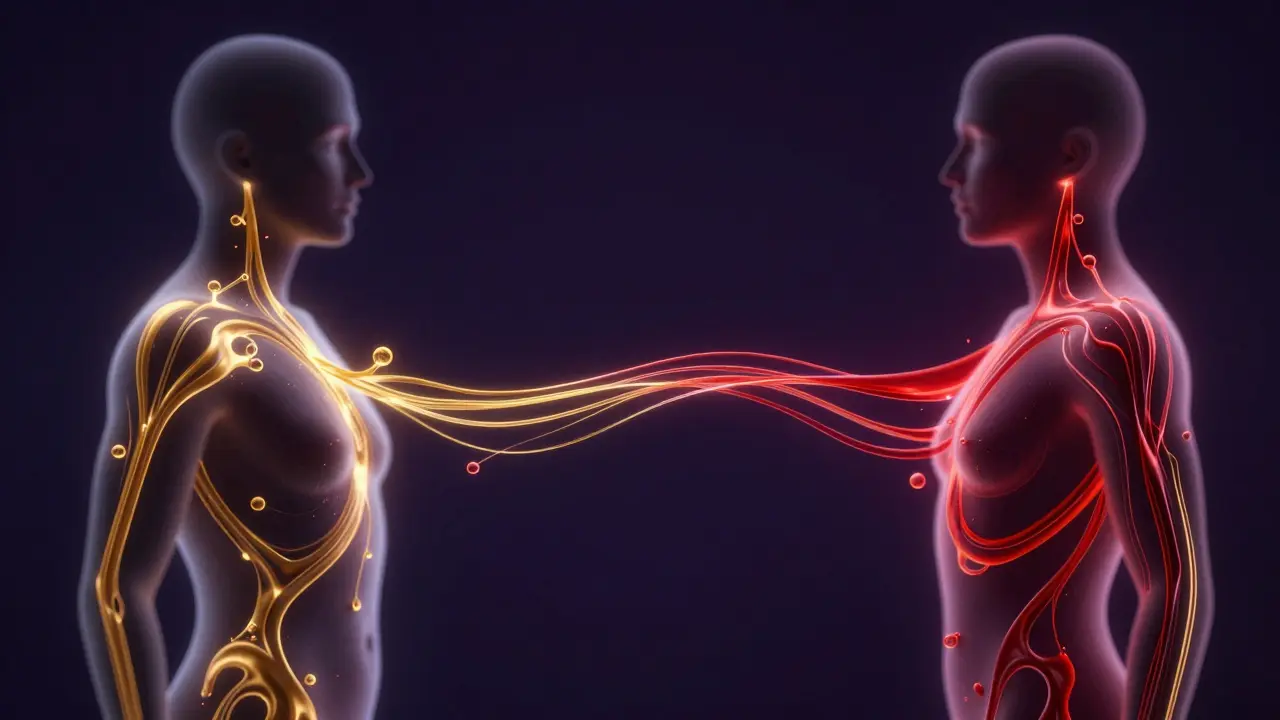 Abstraktní postavy s proudící zlatou a červenou energií symbolizující libido.