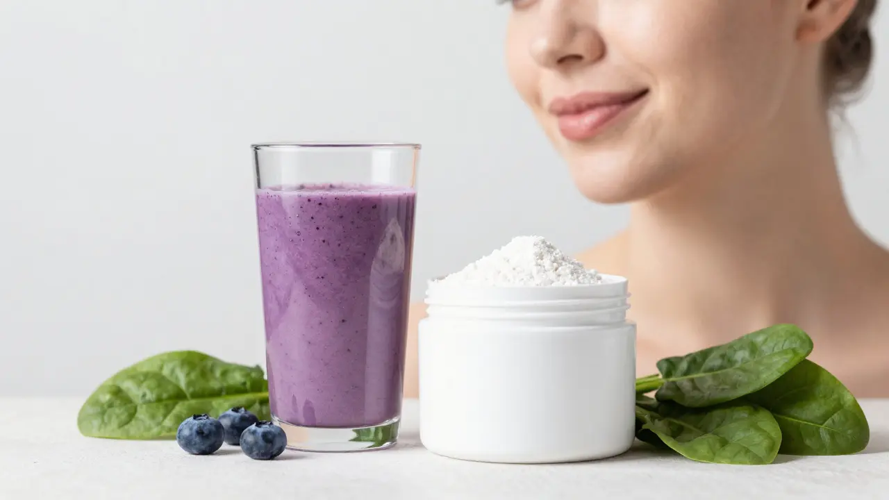 Borůvkové smoothie a kolagenový prášek pro zářivou a pružnou pleť.